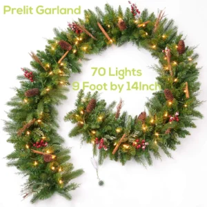 Senmasine Pre Lit Red Berries Pine Cone Cinnamon Stick Artificial Christmas Wreath