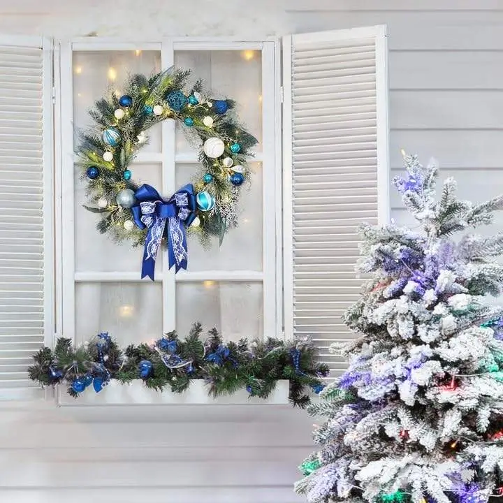 Christmas Wreath 40 cm 22 Inch light up Christmas Wreath Blue White Flowers for front door