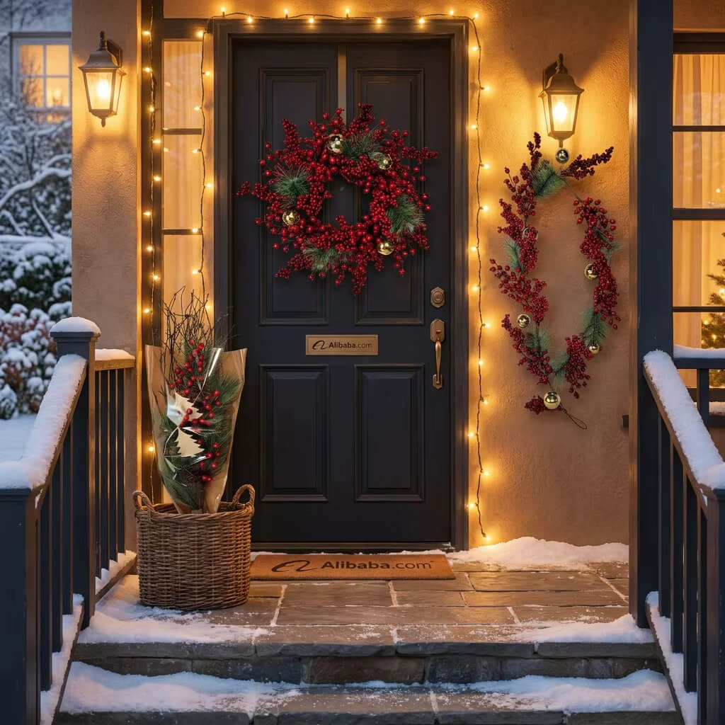 24 Inch Artificial Christmas Red Berry Wreath with Shiny Gold Balls, Shatterproof Holiday Front Door Hanging Garland for Home Wall Decoration