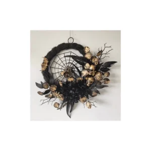 Halloween Spider Wreath – Black Grapevine Skeleton Head Spider Web Door Hanging Decoration Wholesale