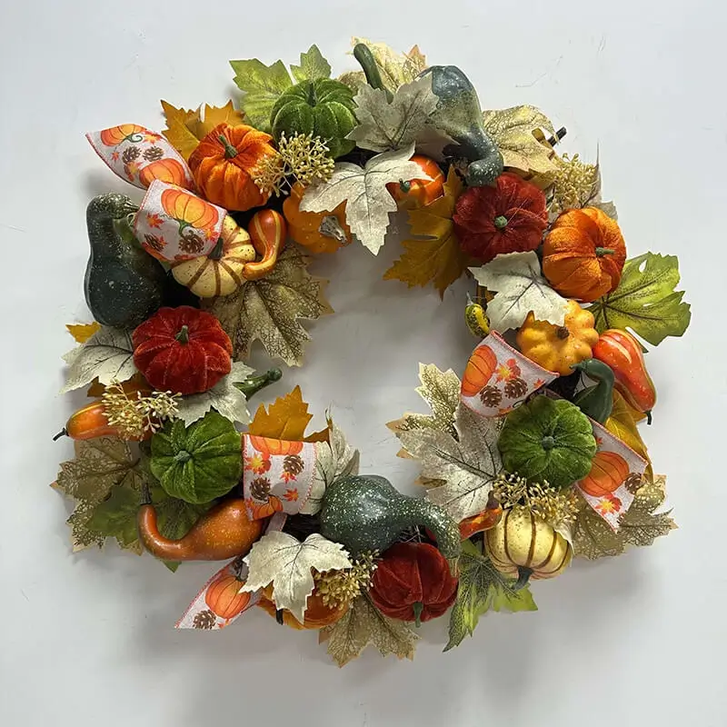 22 Inch Autumn Thanksgiving Pumpkin Wreath With Artificial Leaves Velvet Pumpkins Ribbon Bows Fall Harvest Decor