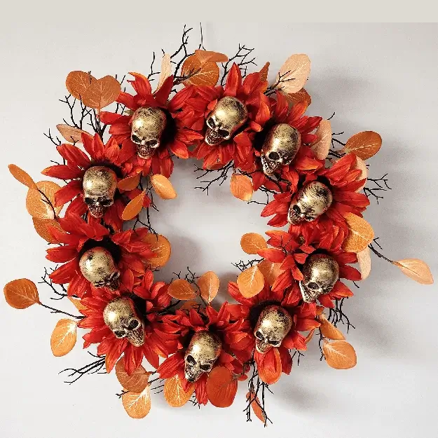 24 Inch Skull Autumn Halloween Wreath with Black Dead Branch Sunflower Spooky Scary