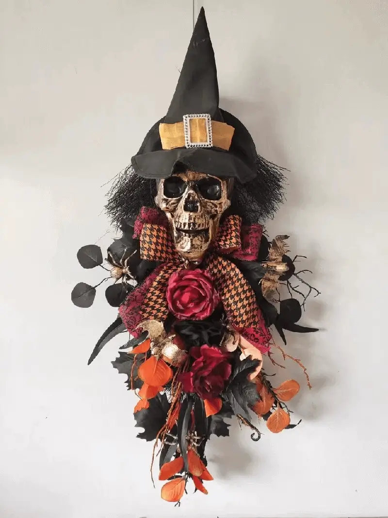 Halloween Swag door wreath with Spooky Scary Skeleton head Hand Witch Hat Bow Pumpkin