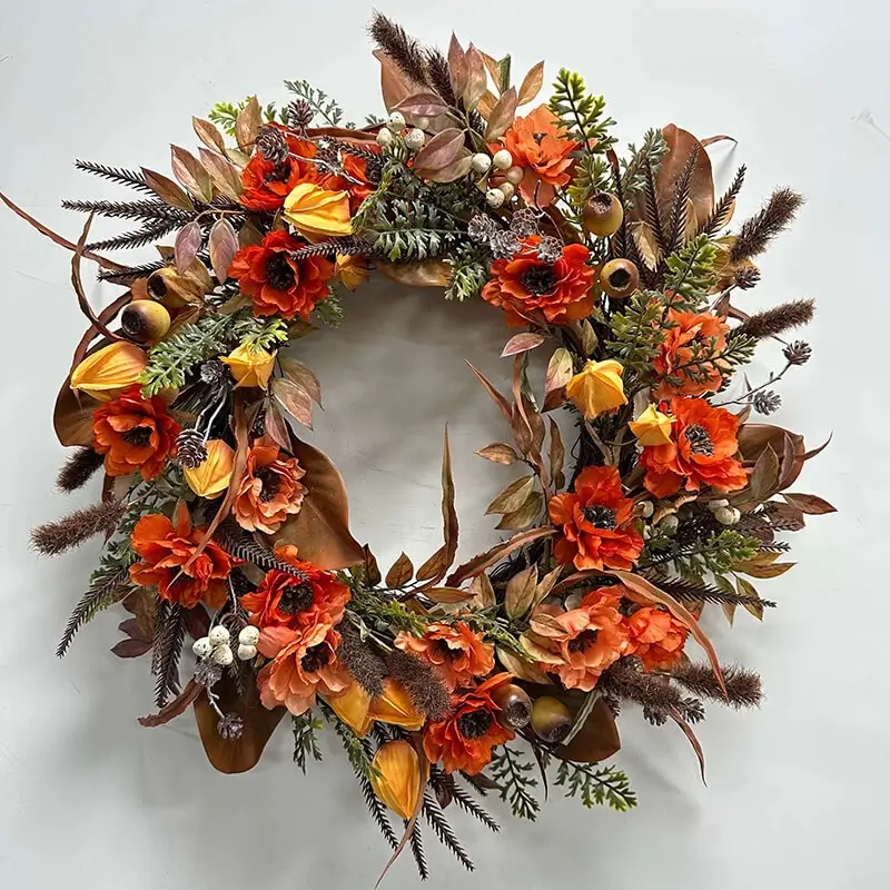24 inch Artificial Papaver Flower Autumn Wreath For Front Door Hanging Fall Harvest Decor