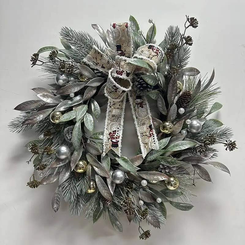 24 inch Silver Christmas Wreath with Pinecone Artificial Leaves Small Baubles Ball Printing Bow