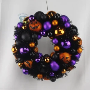 33cm Halloween balls wreath with tinsel orange pumpkin baubles purple black ornaments party hanging decor