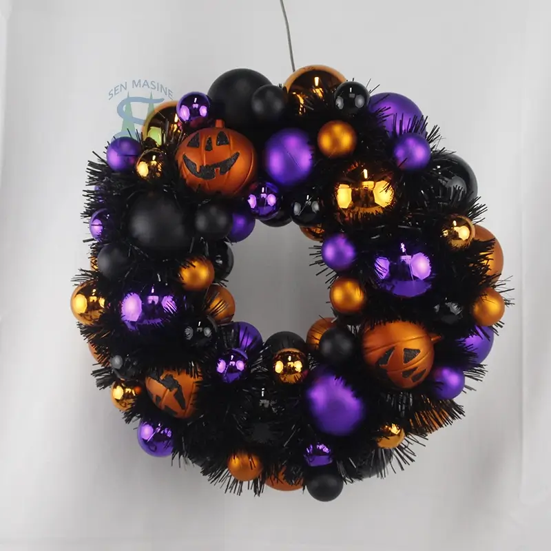 33cm Halloween balls wreath with tinsel orange pumpkin baubles purple black ornaments party hanging decor