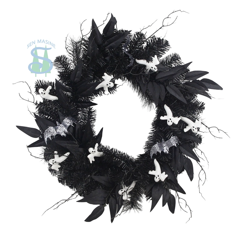 24Inch white halloween ghost wreath​ with spider black pine needle artificial leaves party decoration