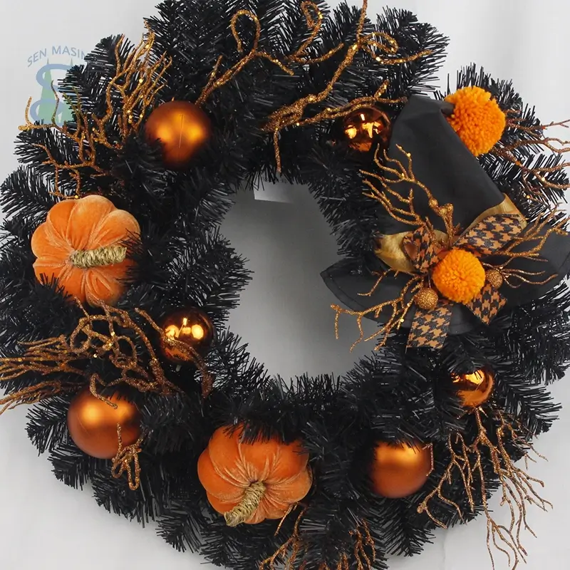 24Inch halloween door decoration wreath with black pine needle pumpkin glitter branch