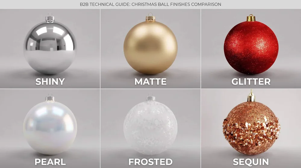 Christmas ball finishes comparison chart: shiny, matte, glitter, pearl, frosted and sequin