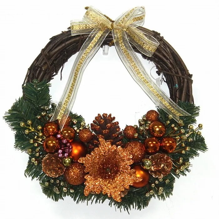 Gold and bronze metallic Christmas ball wreath with shatterproof ornaments and ribbon bow
