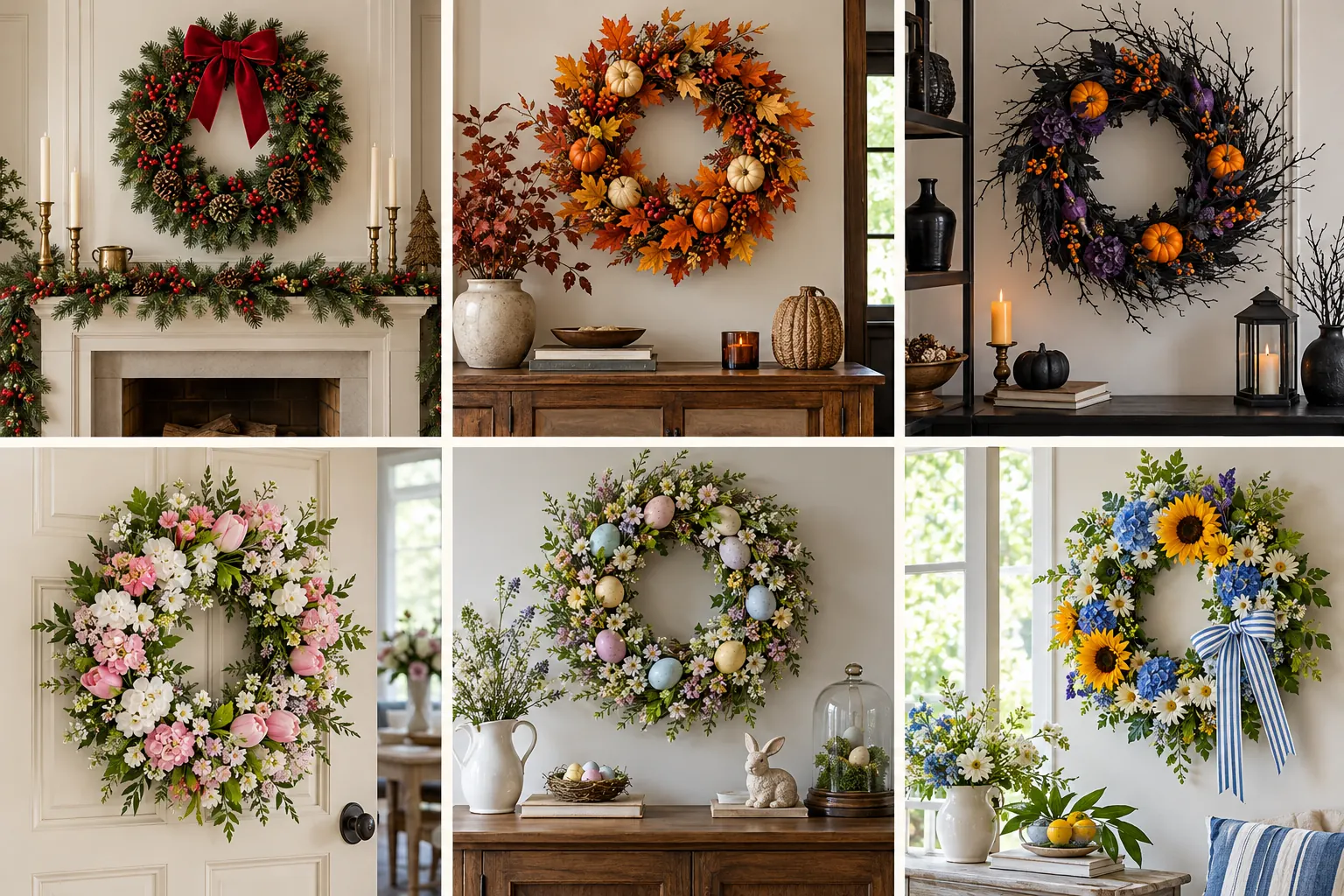 Decorating with wreaths indoors for Christmas, fall, Halloween, spring, Easter, and summer.
