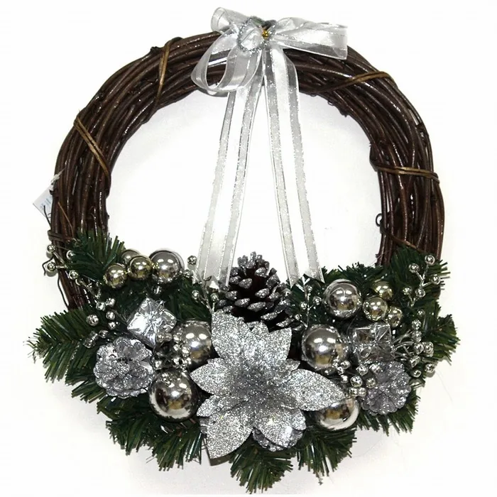 Silver and white metallic Christmas ball wreath with shatterproof ornaments and ribbon bow