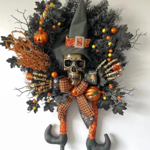 Pre-Lit Shatterproof Hanging Halloween Door Wreath With Witch Legs Skull Wall Decor