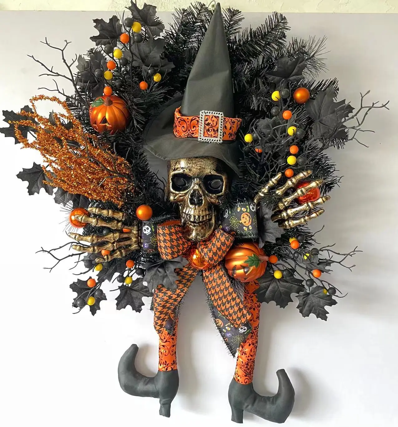 Pre-Lit Shatterproof Hanging Halloween Door Wreath With Witch Legs Skull Wall Decor